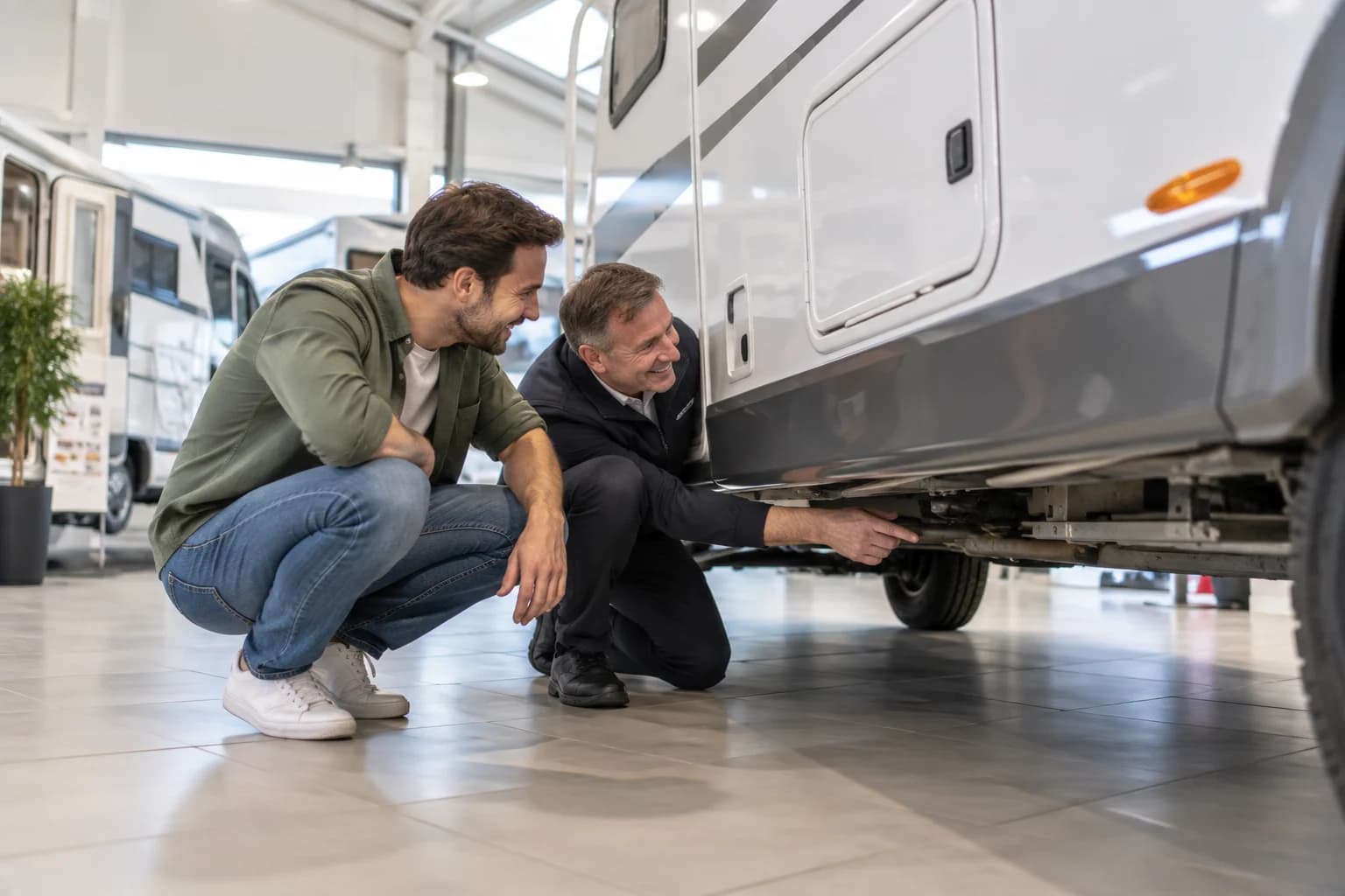 Comprador y profesional revisando los bajos de una autocaravana