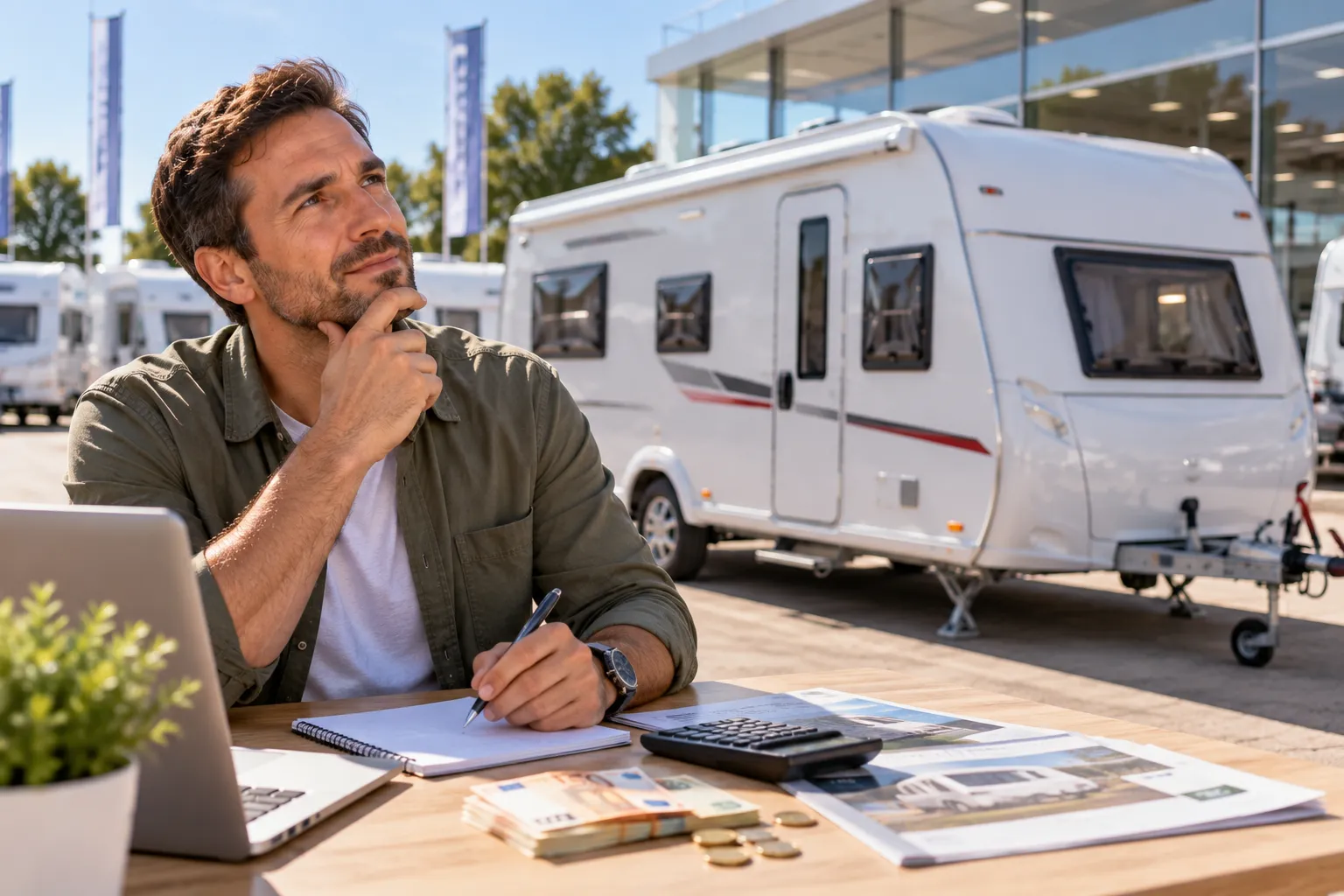 Comprador calculando el precio de una caravana con calculadora y anuncios
