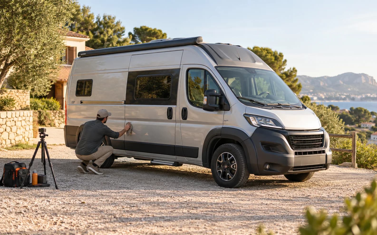 Propietario preparando y fotografiando una camper para venderla